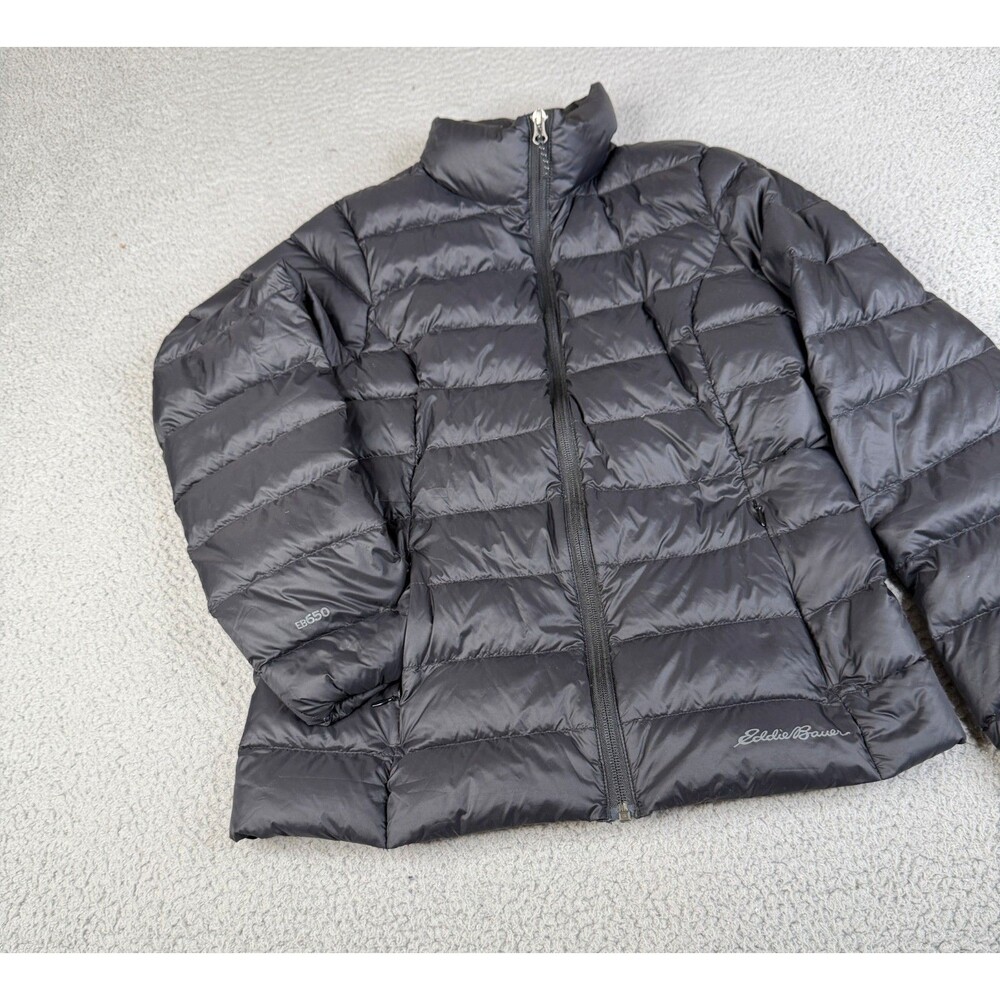 EDDIE BAUER Puffer Jacket Women S Black Goose Down Full Zip Quilted Collar EB650